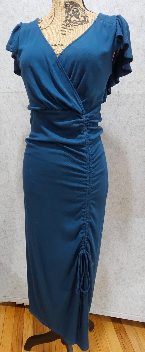 Betsey Johnson Dress Teal Blue Flutter Sleeve Side Ruched Drawstring Slit Sz M